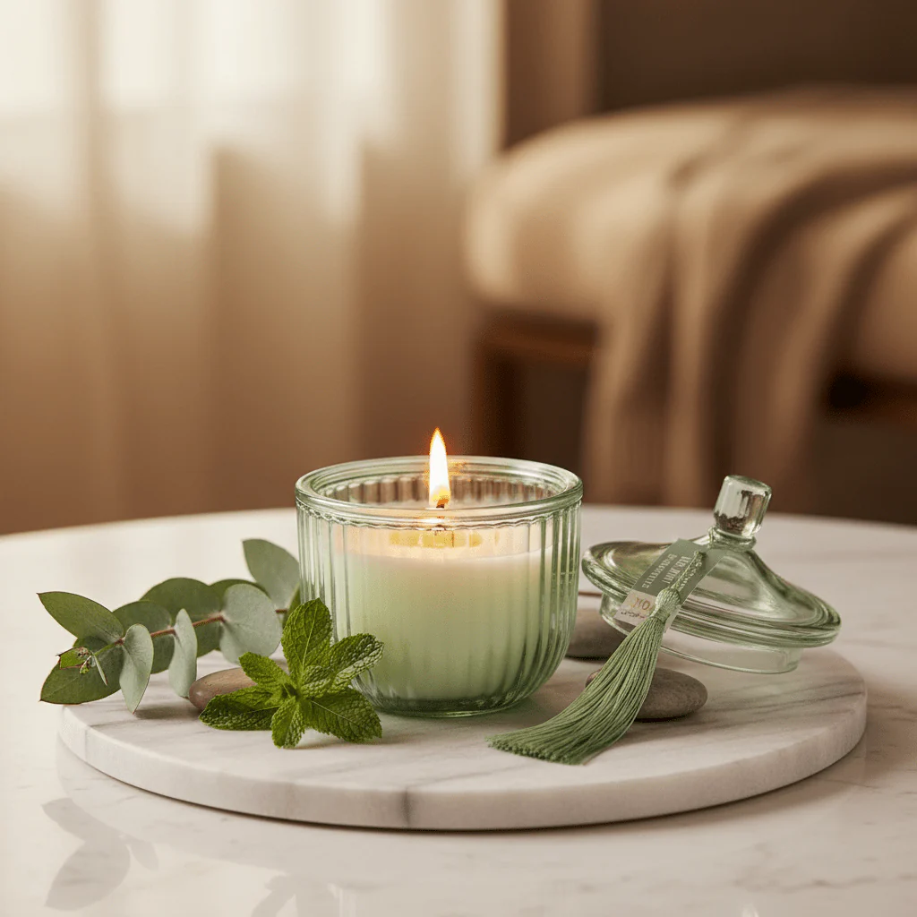 Home Fragrance Eucalyptus & Mint Relaxing Aromatherapy Candle with Glass Jar – 12 cm - Image 2