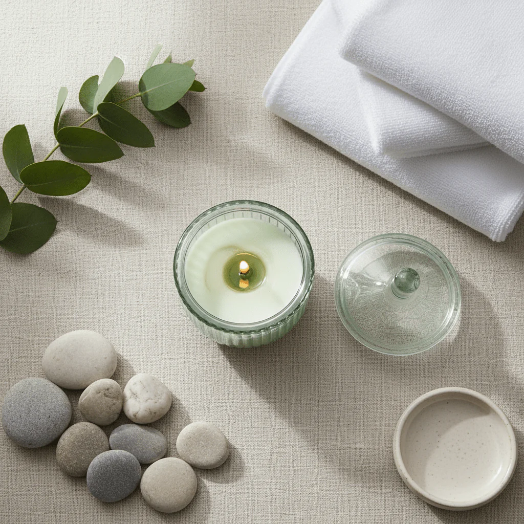 Home Fragrance Eucalyptus & Mint Relaxing Aromatherapy Candle with Glass Jar – 12 cm - Image 3