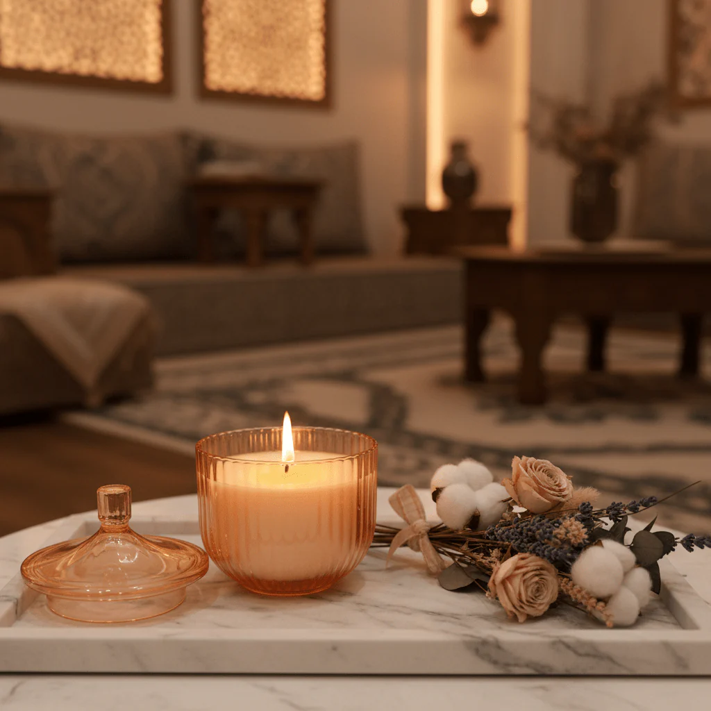 Home Fragrance Immersion & Golden Pink Decorative Scented Candle with Glass Jar – 12 cm - Image 2