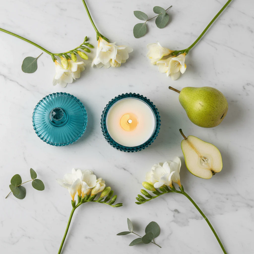 Home Fragrance Pear & Freesia Floral Scented Candle with Decorative Glass Jar – 10 cm - Image 2