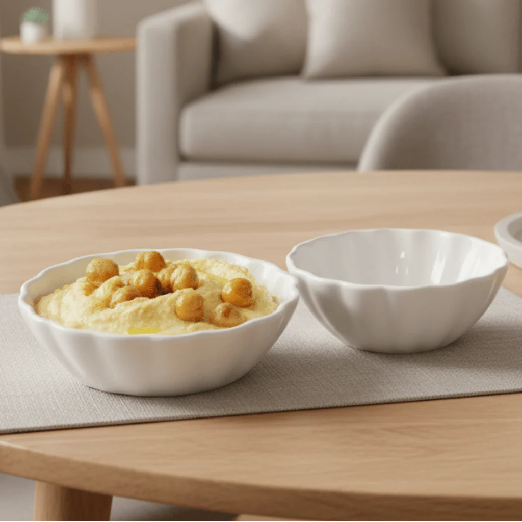 Symphony Groove Dip Set – 2 White Ceramic Dishes (10×3 cm & 8×3 cm) - Image 2