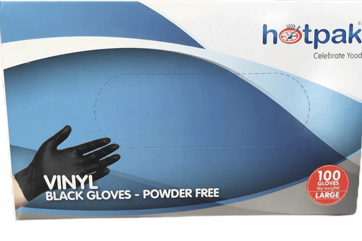 Hotpack 100pcs Powder Free Black Vinyl Gloves Large 105mm