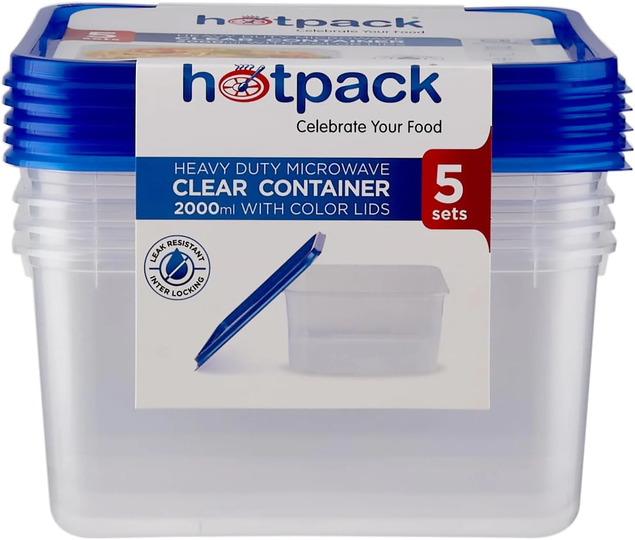 Hotpack Heavy Duty Microwave Clear Container 2000ml with Multicolour Lids, 5 Sets