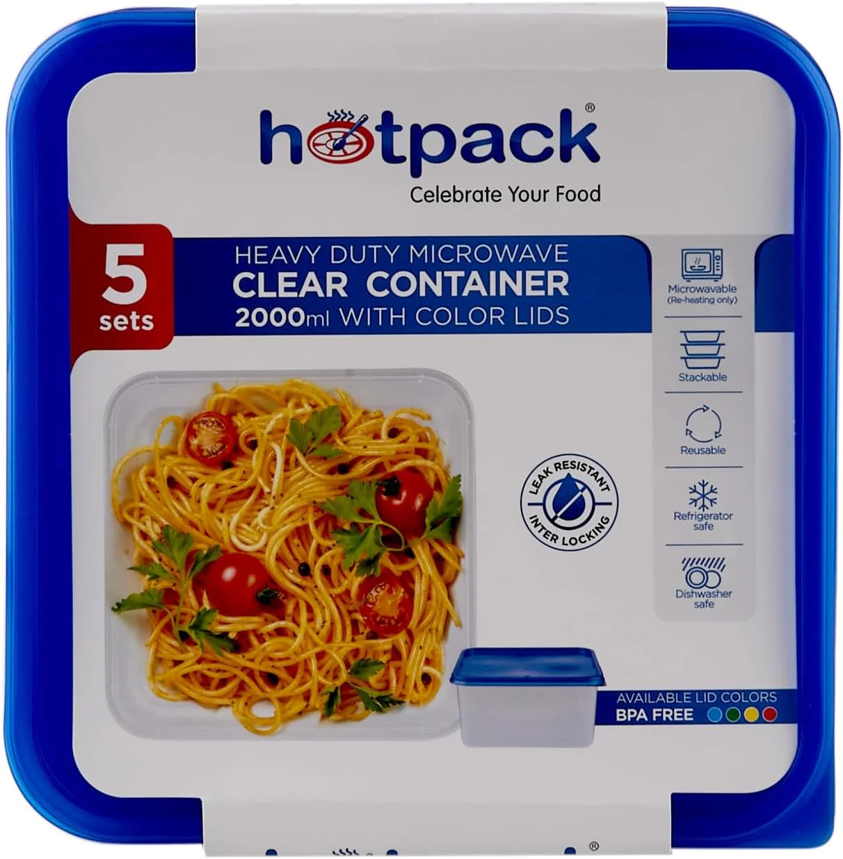 Hotpack Heavy Duty Microwave Clear Container 2000ml with Multicolour Lids, 5 Sets - Image 2