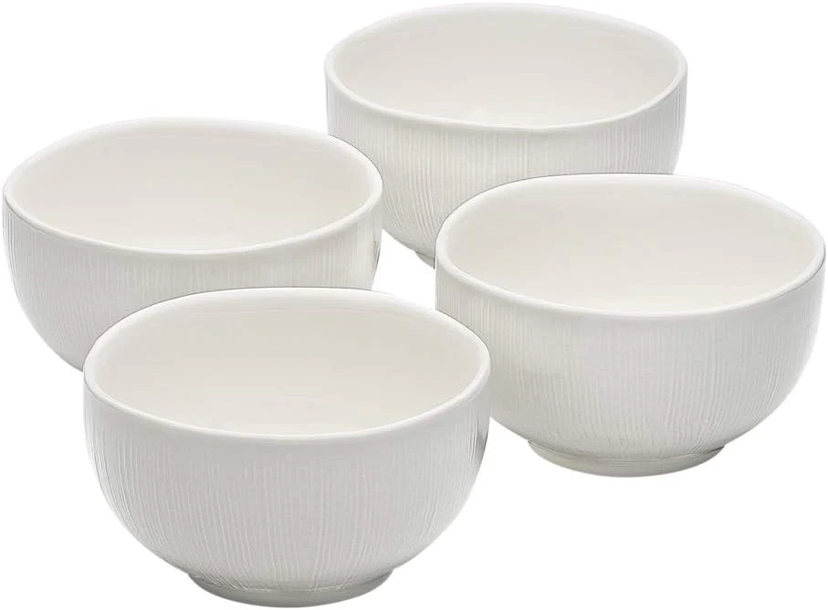 Symphony White Ceramic Linen Footed Bowls – Set of 4, 11×11×6 cm