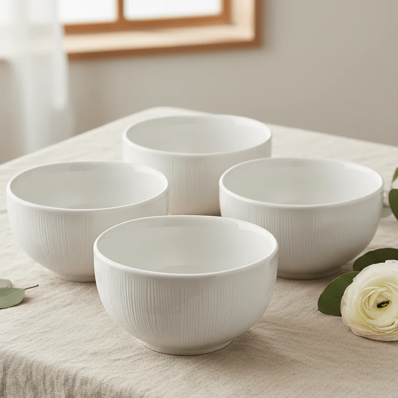 Symphony White Ceramic Linen Footed Bowls – Set of 4, 11×11×6 cm - Image 2