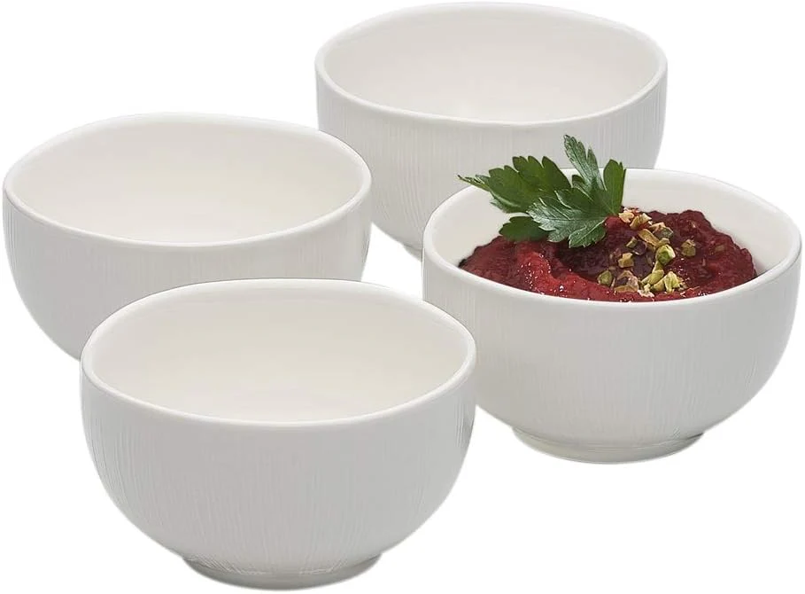 Symphony White Ceramic Linen Footed Bowls – Set of 4, 11×11×6 cm - Image 3