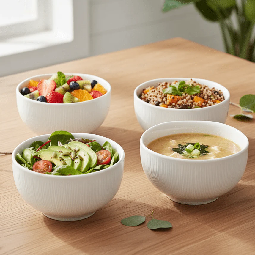 Symphony White Ceramic Linen Footed Bowls – Set of 4, 11×11×6 cm - Image 4