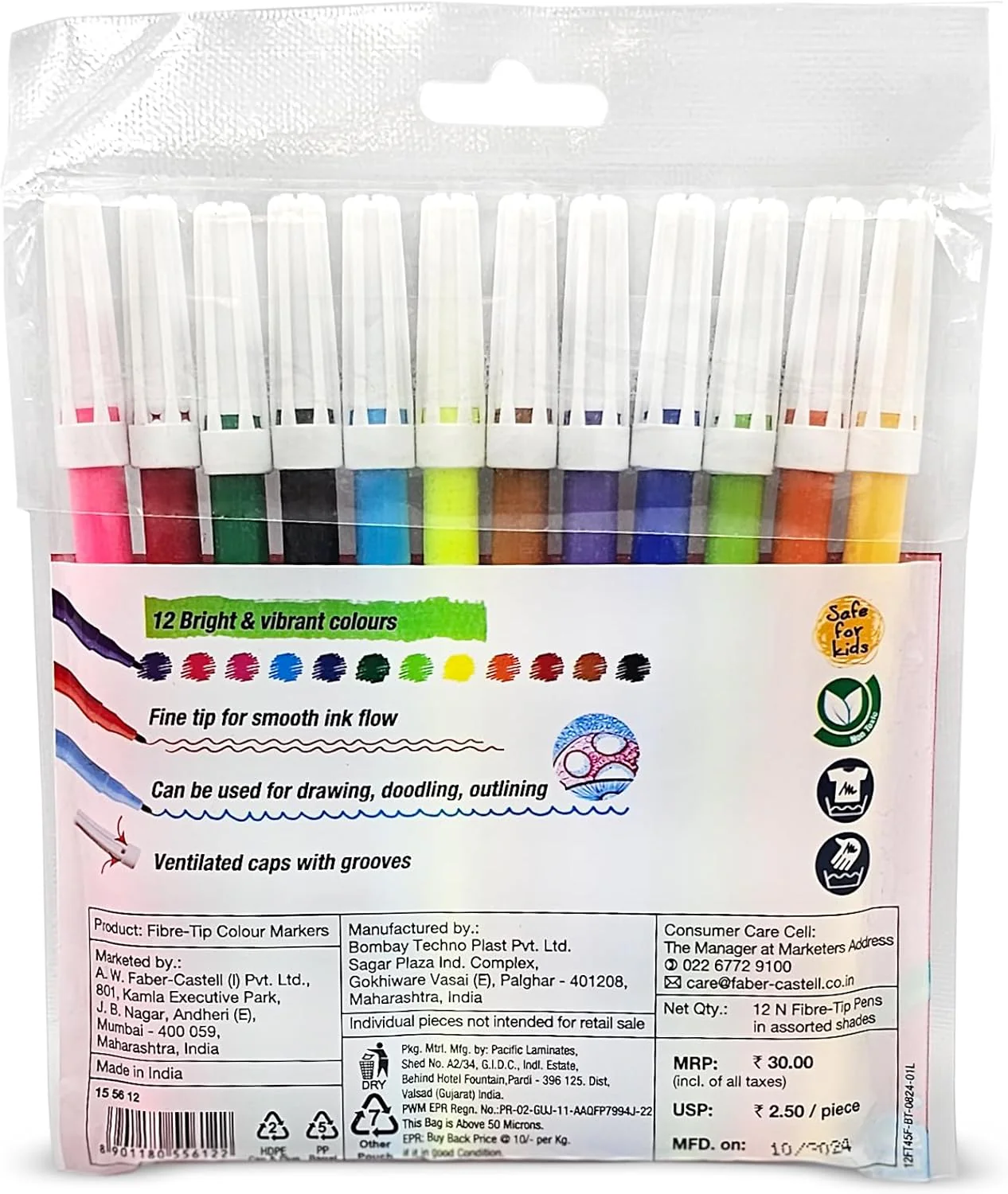 Faber-Castell 12 Fibre-Tip Colour Markers – Super Washable - Image 2