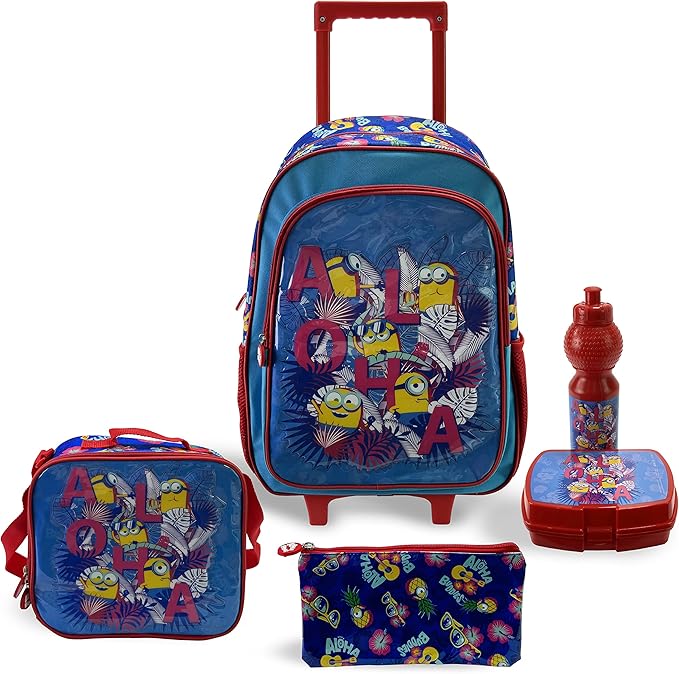 Illumination Minions-The Rise of Gru 5-in-1 School Set Includes 18" Trolley Bag, Lunch Bag, Pencil Case, Lunch Box, Water Bottle