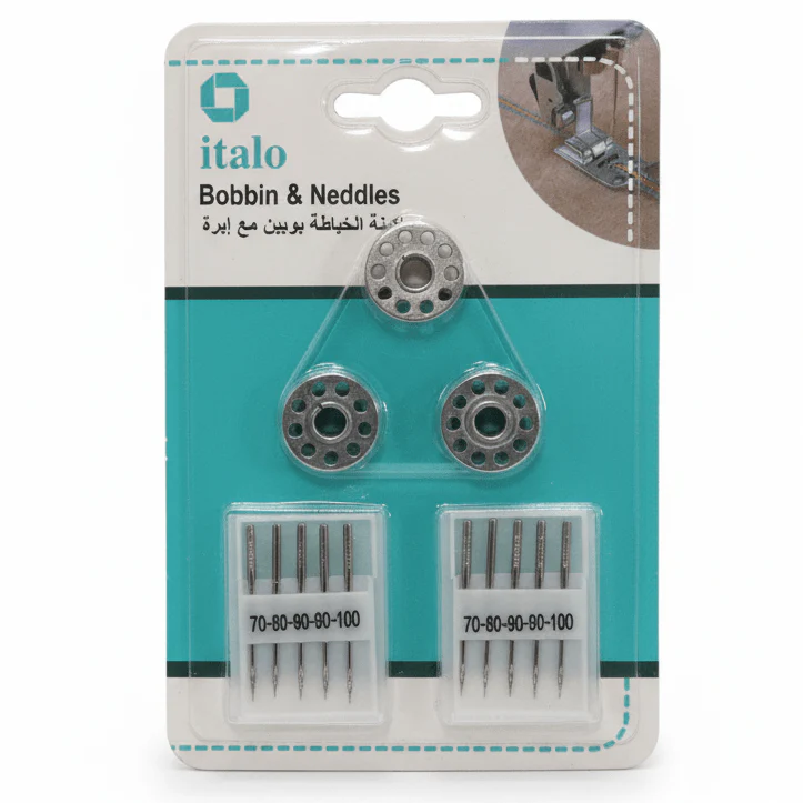 Italo Sewing Machine Bobbin & Needle Set – 3 Bobbins + 10 Needles (Sizes 70–100)
