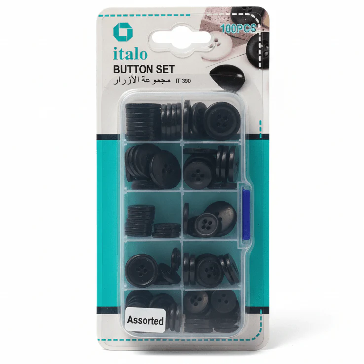 Italo Button Set 100Pcs – Black Buttons (1, 1.2, 1.5, 1.8, 2 cm) | IT-390