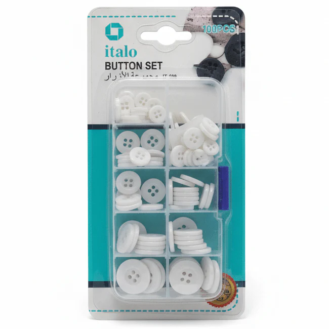 Italo Button Set – 100 Pcs Assorted White Buttons (1, 1.2, 1.5, 1.8, 2 cm)