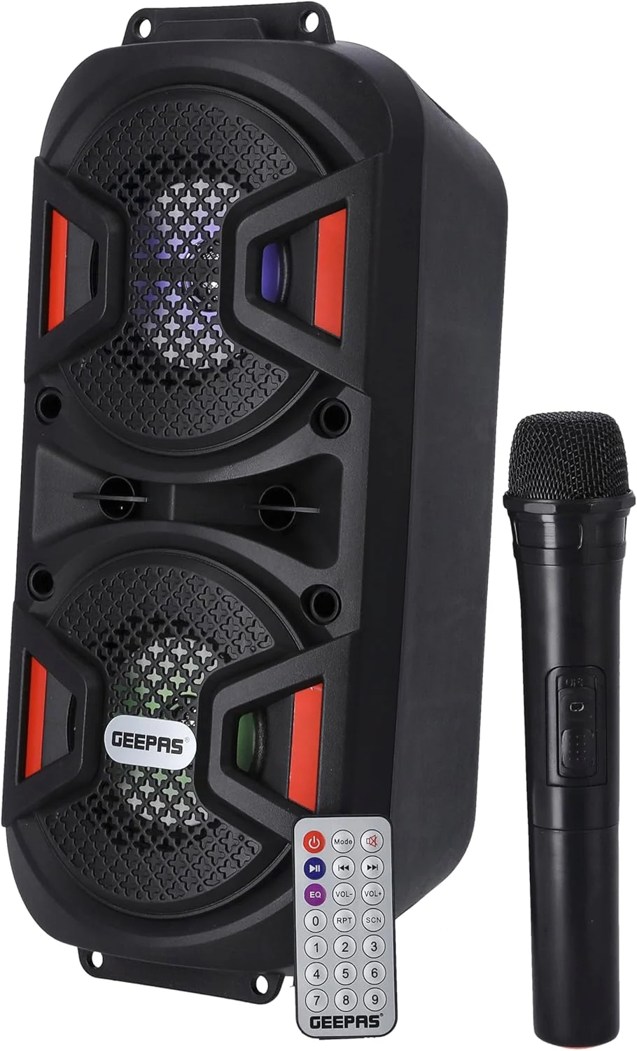 Geepas Rechargeable Portable Speaker - Portable Handle with 1500 MAH Huge Battery| TWS Connection & Compatible with BT/USB/AUX/FM/Micro SD | Ideal for Home, Hotels, Trips & Outdoor Use