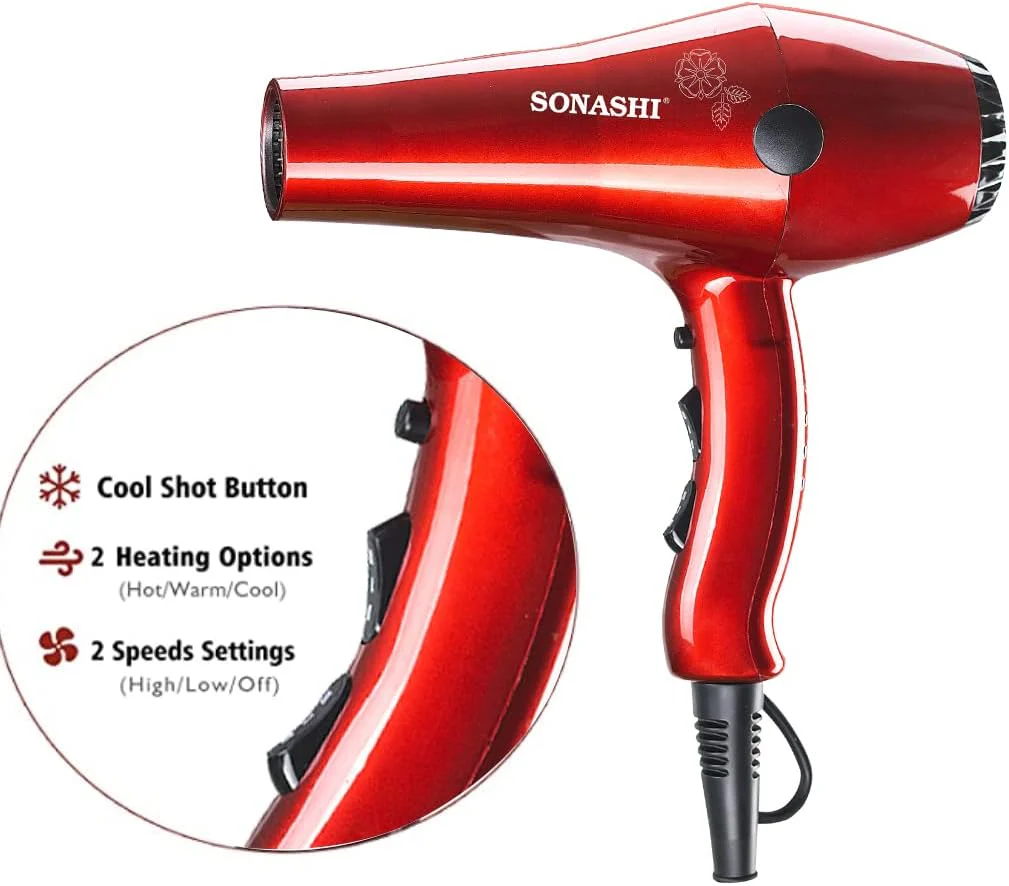 Sonashi Hair Dryer with Cold Hot Wind, 2 Heat and Airflow Settings, With Cool Shot and AC Motor, Nozzle for Fast Drying & Smooth Finish, Lightweight Design, For All Hair Types, 2000W SHD-3032 Red - Image 2