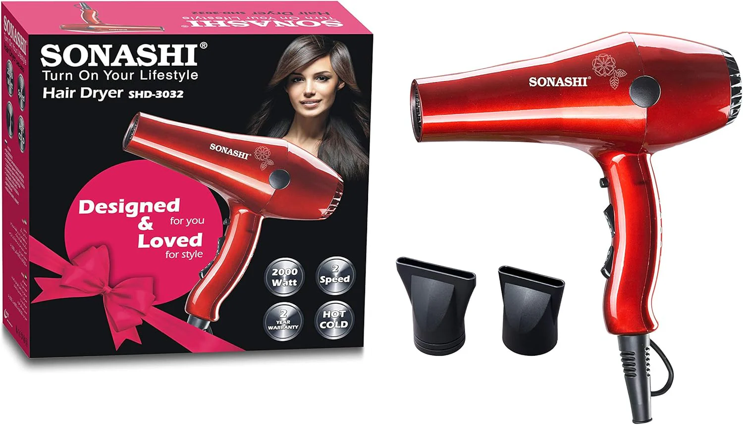Sonashi Hair Dryer with Cold Hot Wind, 2 Heat and Airflow Settings, With Cool Shot and AC Motor, Nozzle for Fast Drying & Smooth Finish, Lightweight Design, For All Hair Types, 2000W SHD-3032 Red - Image 4