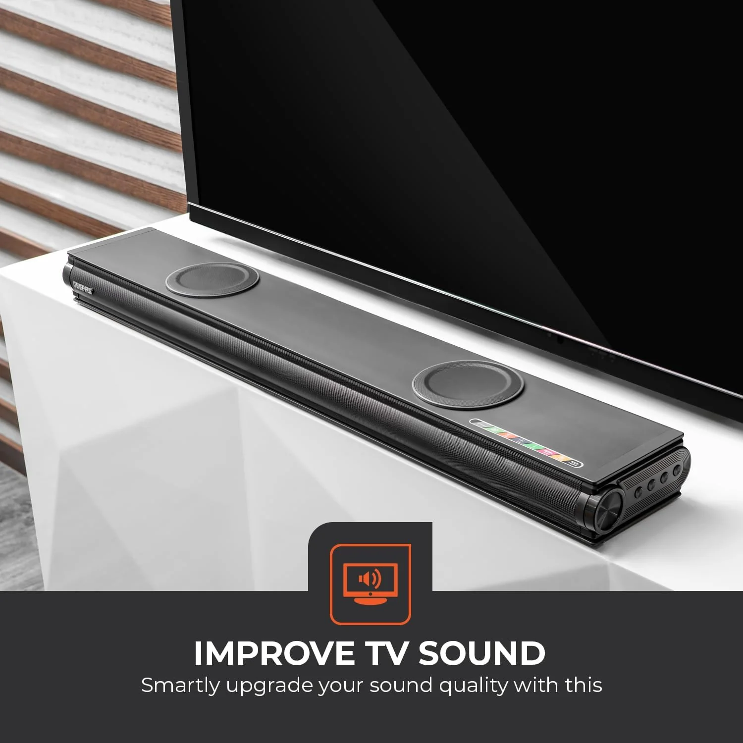 Geepas GMS11152 Portable Sound bar System 2.2CH 2 Inbuilt Sub Woofer with 3D Sound Technology USB/AUX/BT/HDMI/Remote Included Connect to TV, Mobile, Laptop & More, Black - Image 3