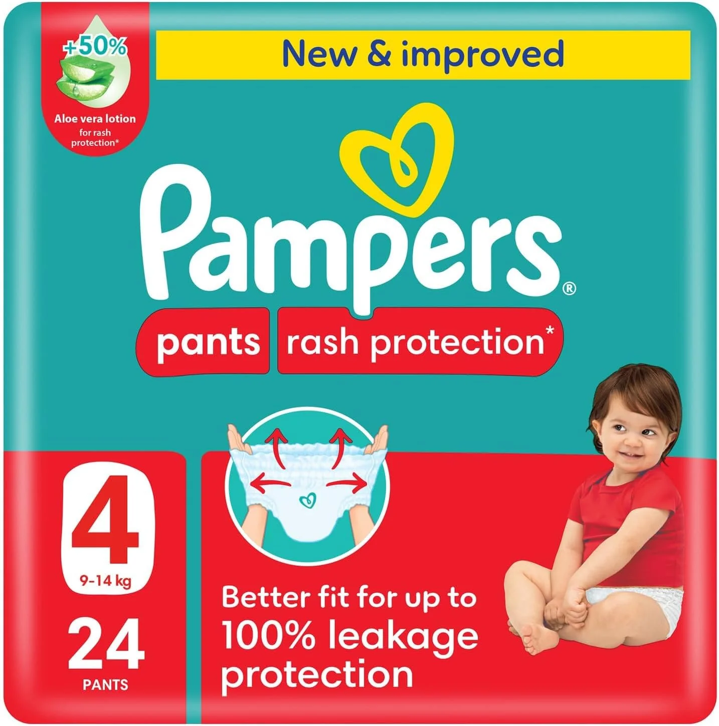 Pampers Rash Protection Pants Diapers, Size 4, 9-14kg, +50% Aloe Vera Lotion, 360° Leak-Free Fit for up to 100% Leakage Protection, Value Pack, 24 Count