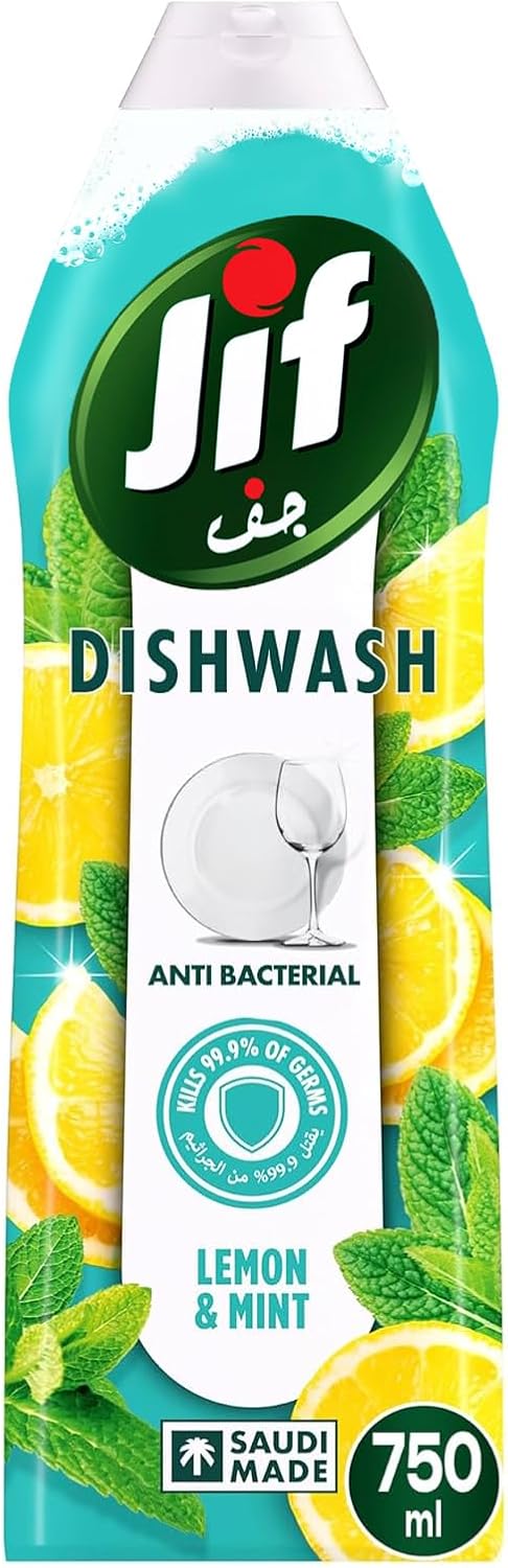 JIF Antibacterial Dishwashing liquid Lemon & Mint, for 100% Grease Removal, 750ml