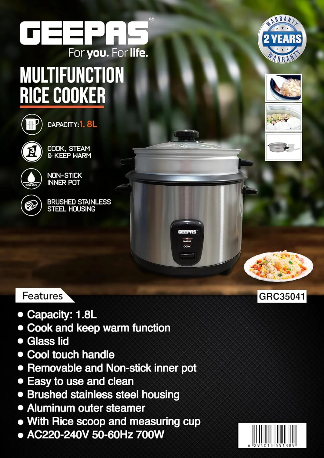 Geepas 1.8 L Multifunctional Rice Cooker- GRC35041| Durable Construction with Removable and Non-Stick Inner Pot with Cool Touch Handle|Aluminum Outer Steamer and Measuring Cup - Image 3