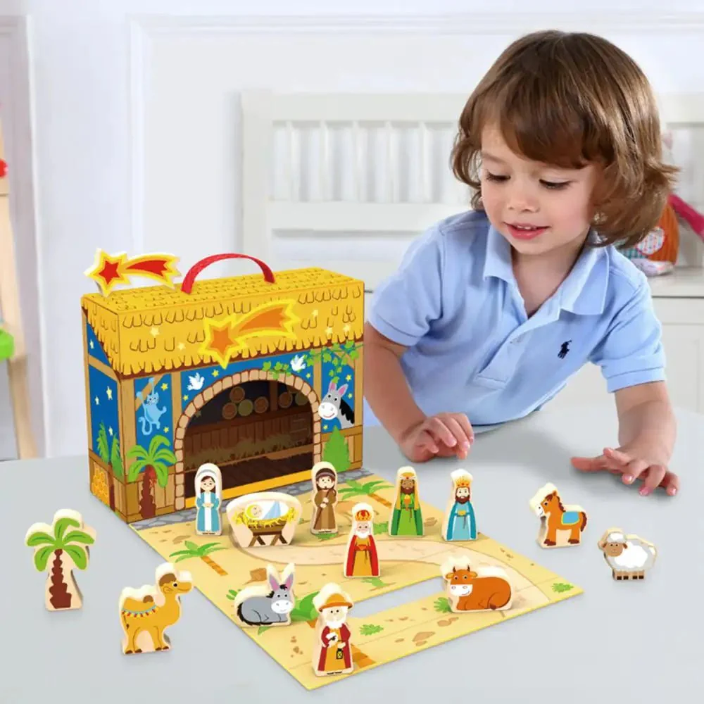 Joodi Merry Christmas 25pcs Wooden Village Set, Nativity Scene Play Box - Image 3