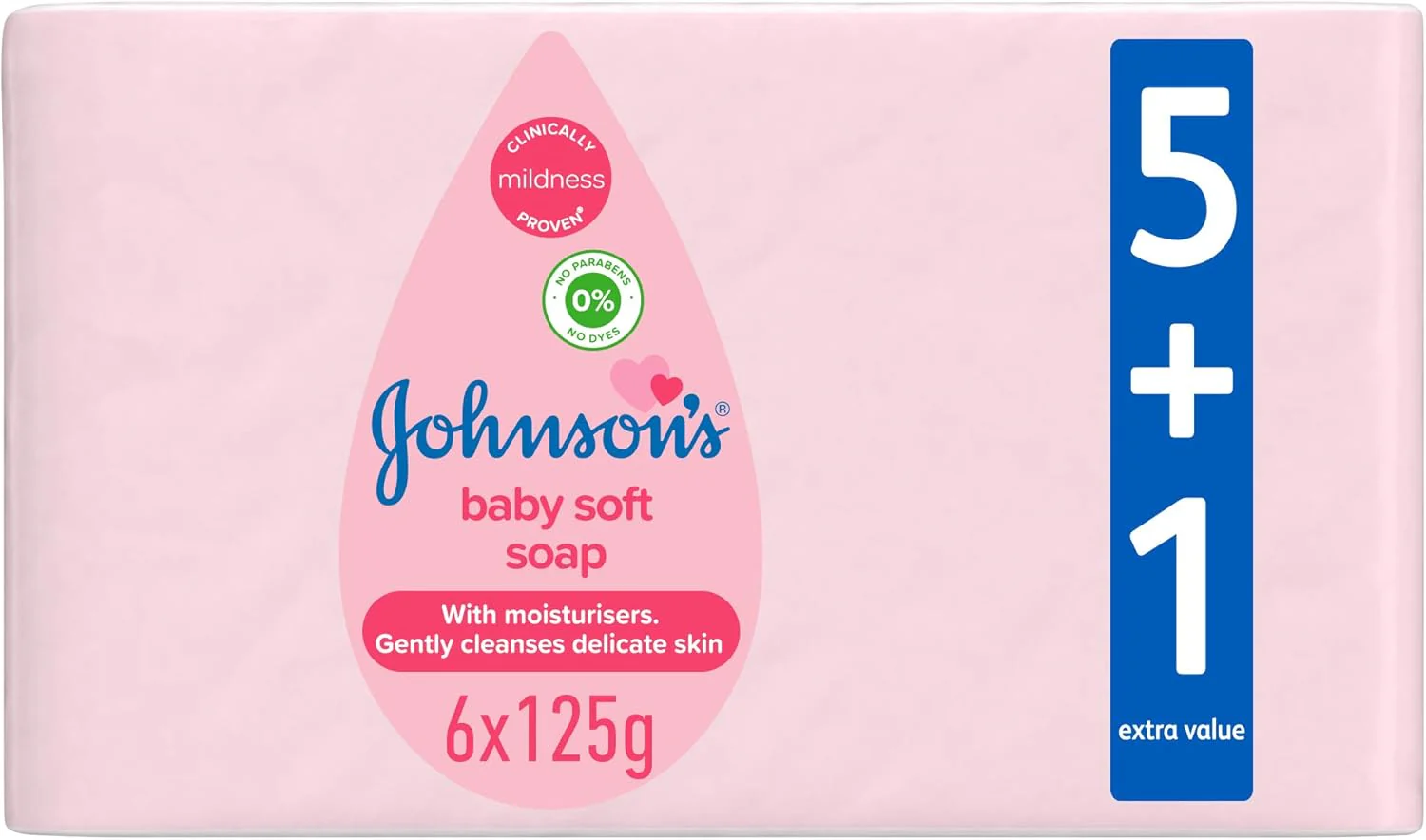 Johnson's Baby Soft Soap – Gentle & Moisturising Bar | 6 x 125g | 5+1 Free | Hypoallergenic | No Parabens | No Dyes