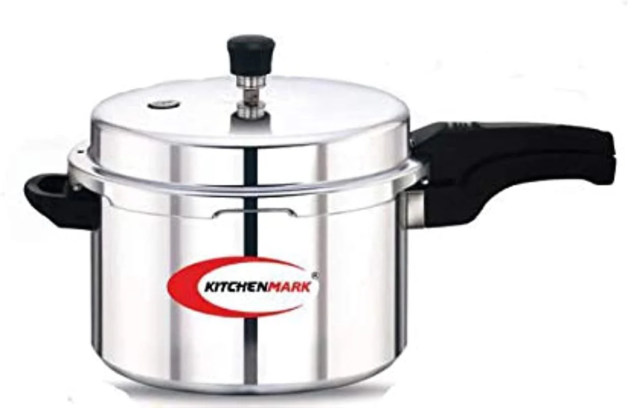 Kitchen Mark Aluminium Pressure Cooker 5 Litre (5L) – Heavy Duty Outer Lid with Gas & Induction Base – Virgin Aluminum Body, Ergonomic Safety Handles & Metallic Safety Plug