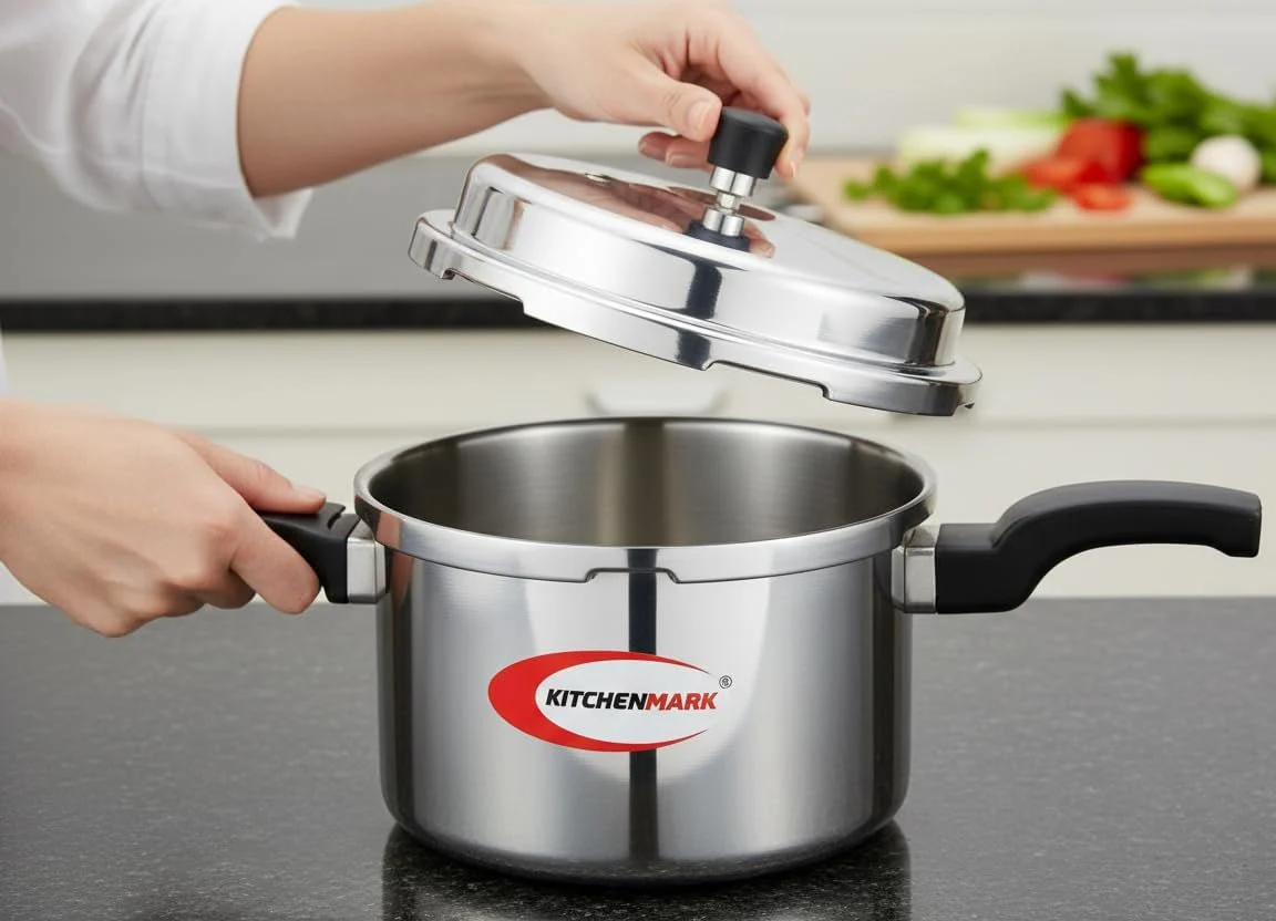 Kitchen Mark Aluminium Pressure Cooker 5 Litre (5L) – Heavy Duty Outer Lid with Gas & Induction Base – Virgin Aluminum Body, Ergonomic Safety Handles & Metallic Safety Plug - Image 2