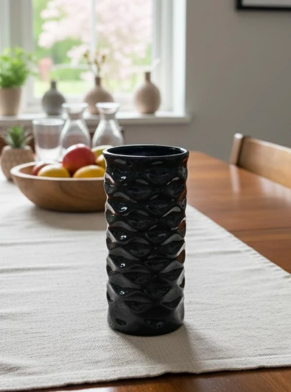 KHODMOONI 19cm Black Ceramic Flower Pot – Modern Minimalist Decorative Planter with Smooth Finish for Home, Office, or Balcony Plant Display