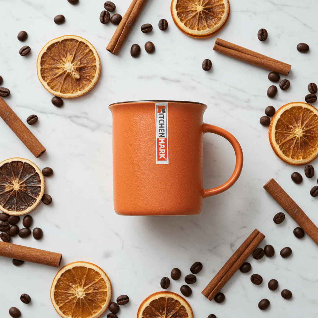KitchenMark Classic Enamel Mug – Orange | 325ml | Brown Rim | Vintage-Style Drinkware - Image 4