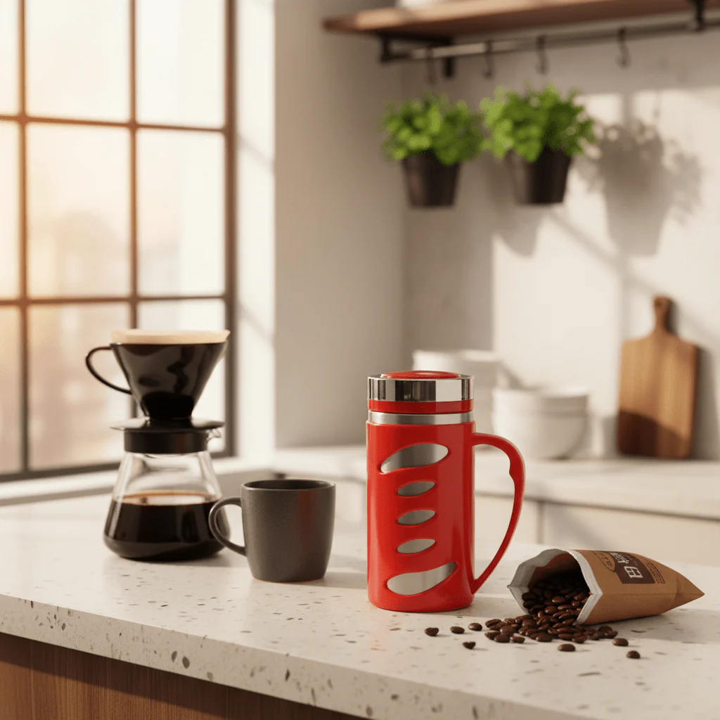 Kitchen Mark Red Insulated Slender Mug – 300ml | Stainless Steel & Plastic Travel Cup with Lid - Image 2