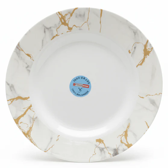 Kitchen Mark Round White Melamine Dinner Plate with Golden Shade Design, Elegant Serving Plate for Everyday Dining – 10 Inch