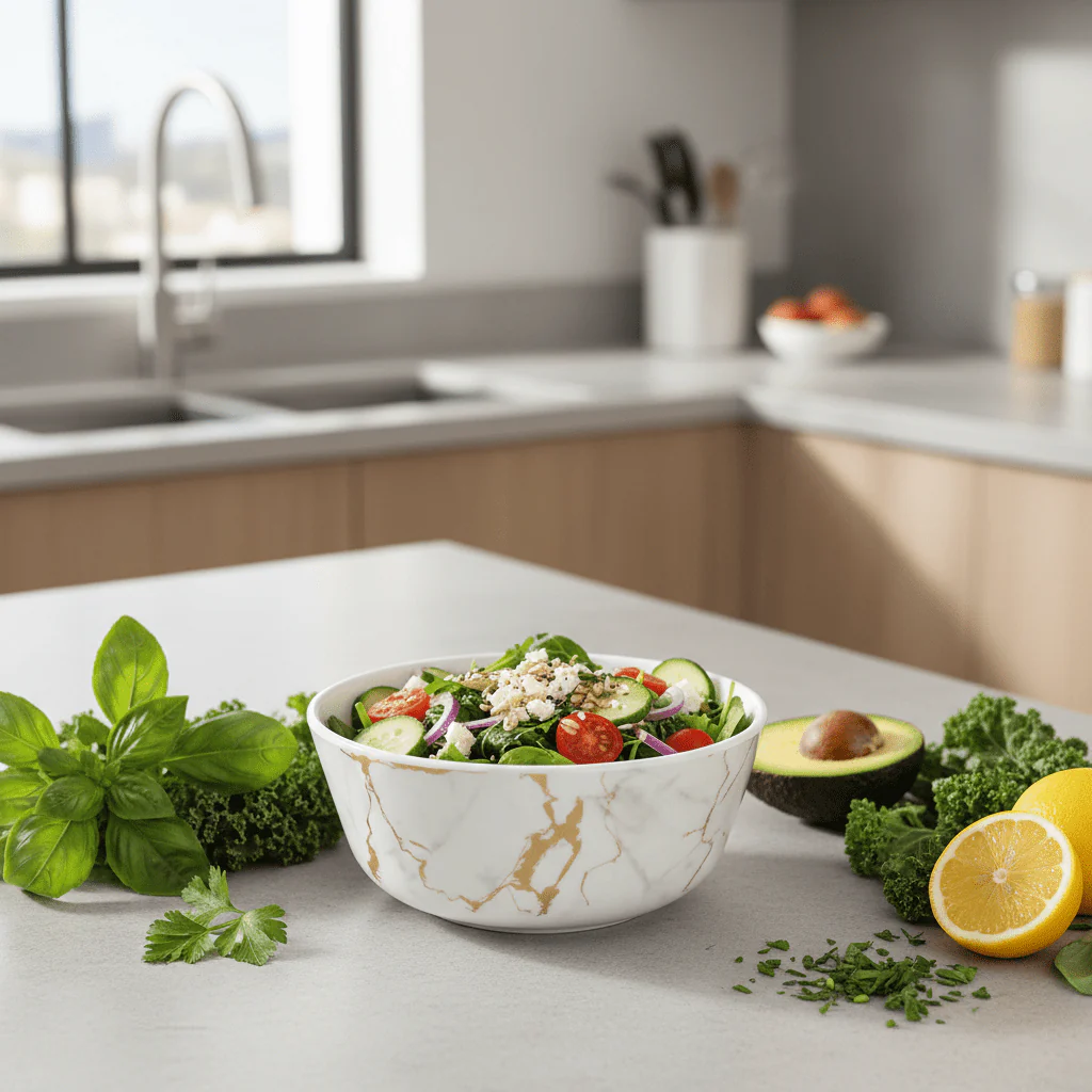 Kitchen Mark Round White Melamine Serving Bowl with Golden Shade Design, Ideal for Serving Salads, Curries & Snacks – 7.75 Inch - Image 2