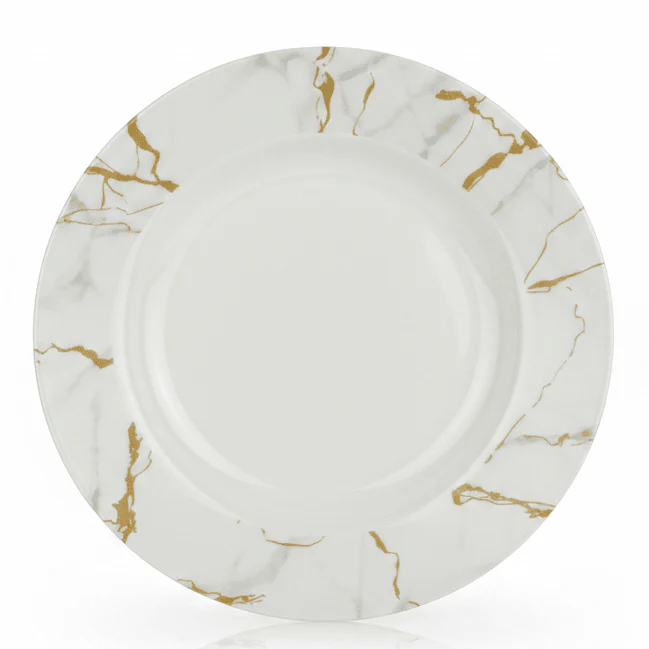 Kitchen Mark Round White Melamine Soup Plate with Golden Shade Design, Multipurpose Dining Plate – 9 Inch