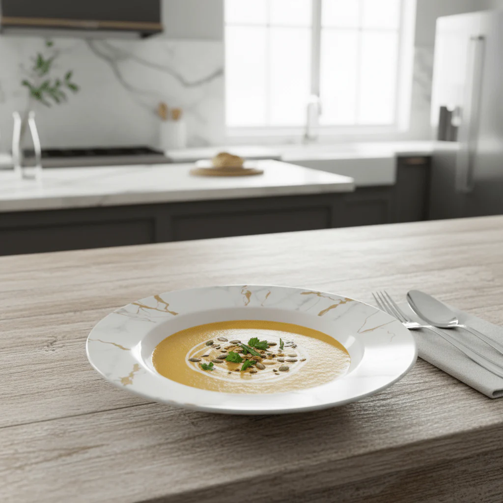 Kitchen Mark Round White Melamine Soup Plate with Golden Shade Design, Multipurpose Dining Plate – 9 Inch - Image 2