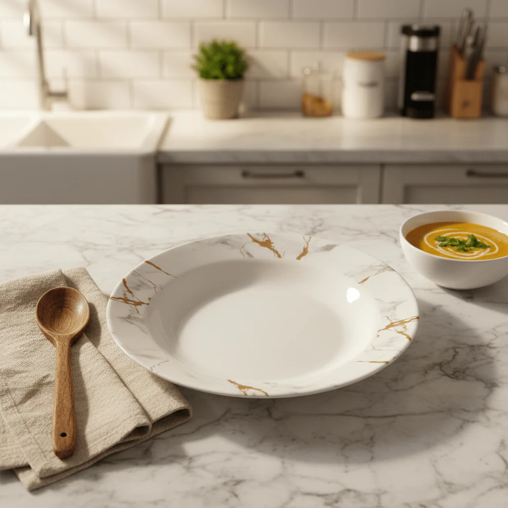 Kitchen Mark Round White Melamine Soup Plate with Golden Shade Design, Strong & Break-Resistant Serving Plate – 11 Inch - Image 2