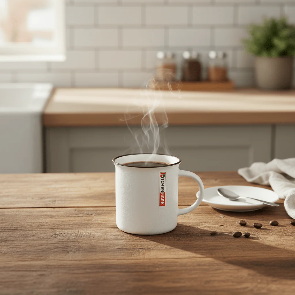 Kitchen Mark Classic White Enamel Mug with Brown Rim — 325ml - Image 2