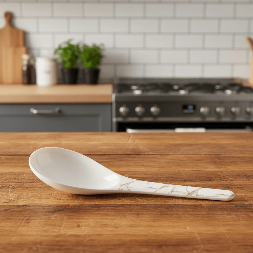 Kitchen Mark White Melamine Serving Spoon with Golden Shade Design, Heavy-Duty Kitchen Serving Utensil – 24 cm - Image 2