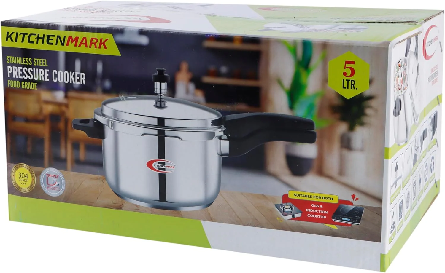 Kitchenmark 5L 304 Stainless Steel Pressure Cooker – Triply Bottom Induction Base - Image 3
