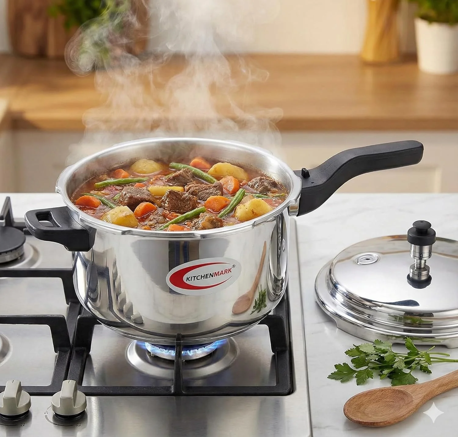 Kitchenmark 5L 304 Stainless Steel Pressure Cooker – Triply Bottom Induction Base - Image 4