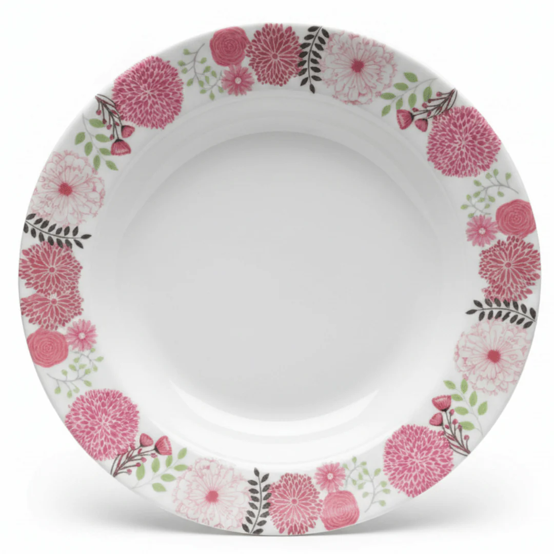 Kitchenmark White Melamine Soup Plate with Pink Floral Design — 9 Inch