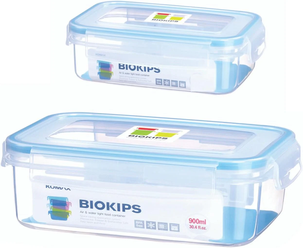 Komax BioKips Plastic Food Container Set Of 2Pcs (450ml+900ml)-Blue&Transparent