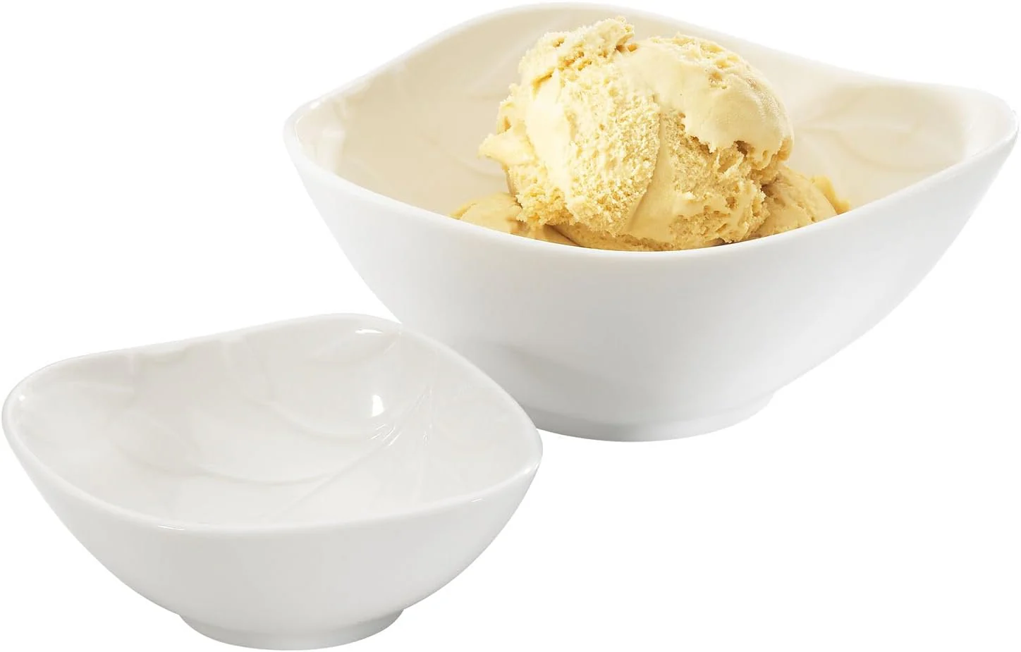 Symphony Olive Set – 2 White Ceramic Nibble Bowls (10.3×8.7×4.1 cm & 14.3×12.6×6.3 cm)