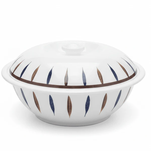 Landreen White with Navy Blue and Brown Leaf Print Melamine Bowl with Lid 10 Inch Covered Bowl for Storage and Serving