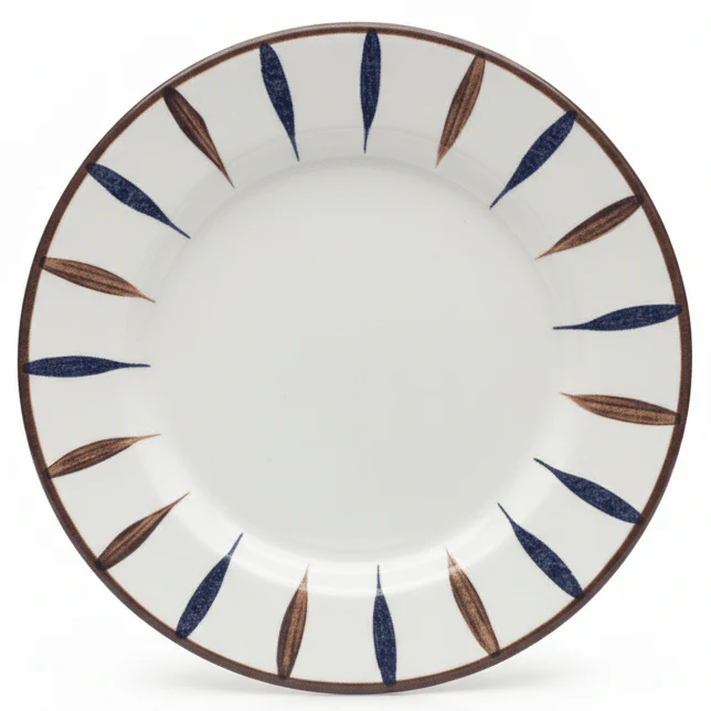 Landreen White with Navy Blue and Brown Leaf Print Melamine Meat Plate 8.5 Inch Serving Plate for Meat and Sides