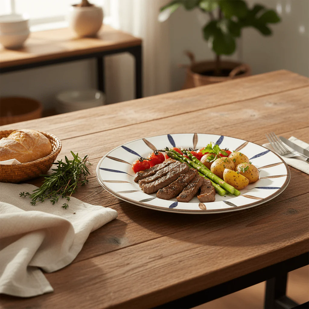 Landreen White with Navy Blue and Brown Leaf Print Melamine Meat Plate 8.5 Inch Serving Plate for Meat and Sides - Image 2