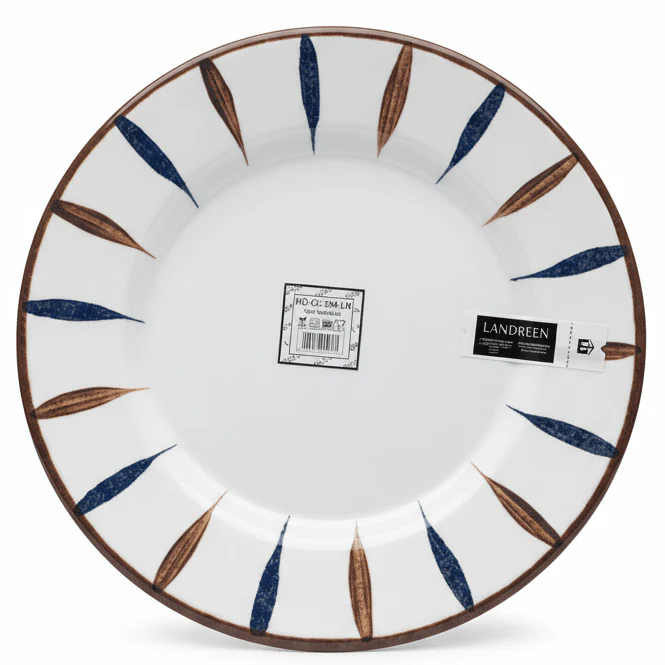 Landreen White with Navy Blue and Brown Leaf Print Round Melamine Dinner Plate 10.5 Inch Stylish Dining Plate