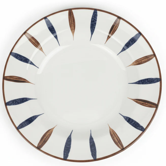 Landreen White with Navy Blue and Brown Leaf Print Round Melamine Soup Plate 10 Inch Decorative Deep Plate