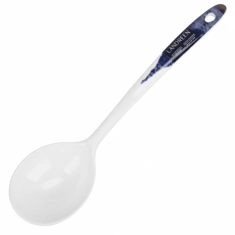 Landreen White with Navy Blue Print Soup Ladle 27 cm Long Handle Ladle for Serving Soups and Curries