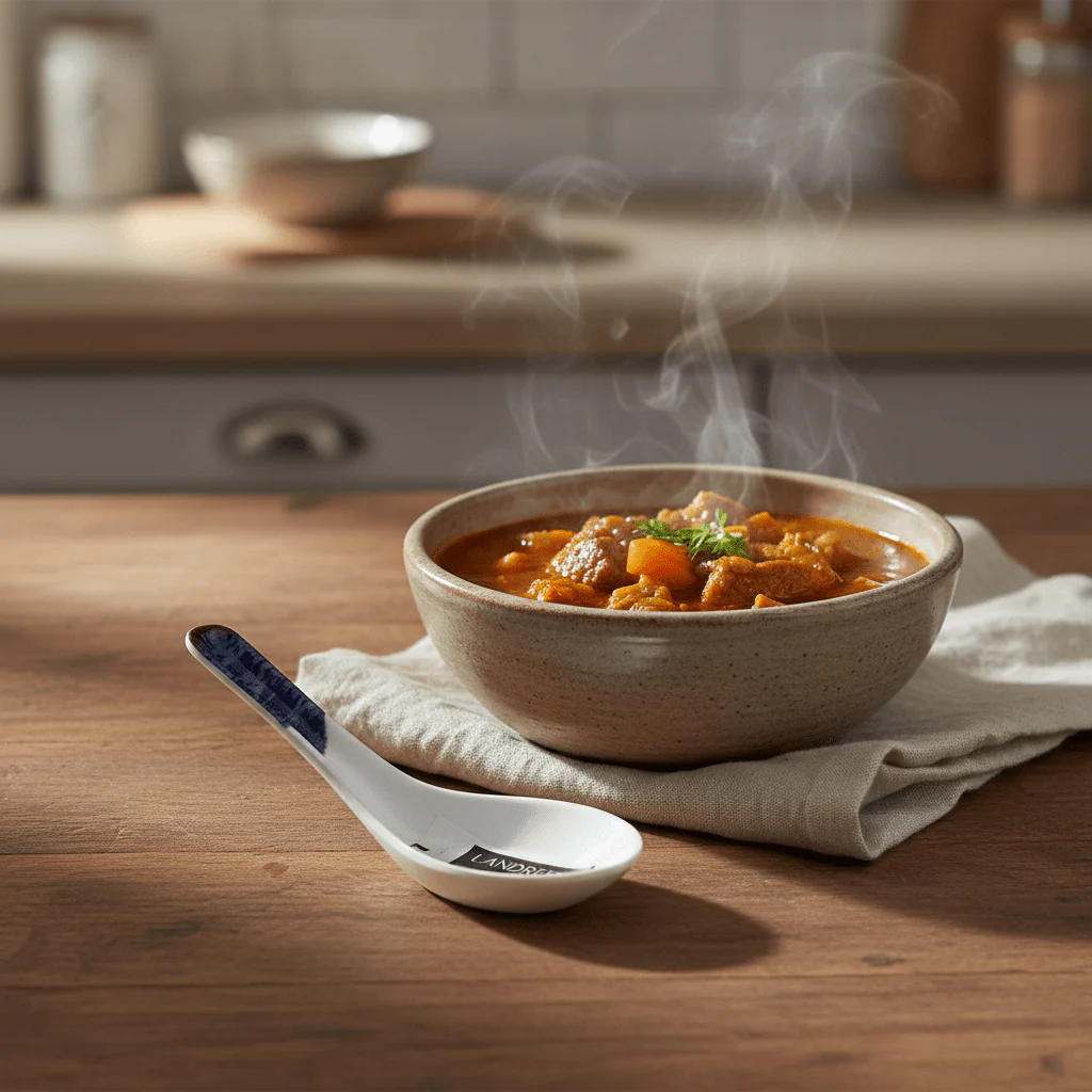 Landreen White with Navy Blue Print Soup Spoon 14 cm Lightweight Serving Spoon for Soups and Stews - Image 2